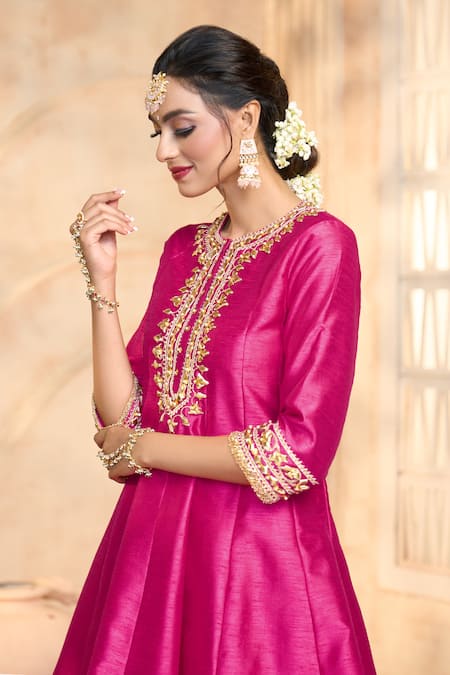 Shop_Preeti S Kapoor X AZA_Fuchsia Silk, Viscose, Organza Gota Patti, Lace Embroidered Short Anarkali Set 
