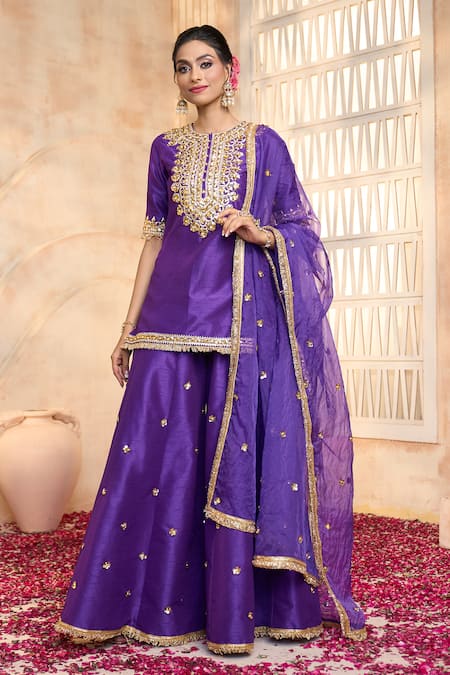 Buy Preeti S Kapoor X AZA Blue Silk, Viscose, Organza Embroidery, Lace, Gota Patti Round Kurta Sharara Set Online at Aza Fashions Buy_Preeti S Kapoor X AZA_Blue Silk, Viscose, Organza Embroidery, Lace, Gota Patti Round Kurta Sharara Set _Online_at_Aza_Fashions