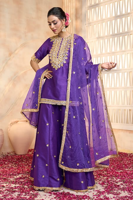 Shop Preeti S Kapoor X AZA Blue Silk, Viscose, Organza Embroidery, Lace, Gota Patti Round Kurta Sharara Set Online at Aza Fashions Shop_Preeti S Kapoor X AZA_Blue Silk, Viscose, Organza Embroidery, Lace, Gota Patti Round Kurta Sharara Set _Online_at_Aza_Fashions