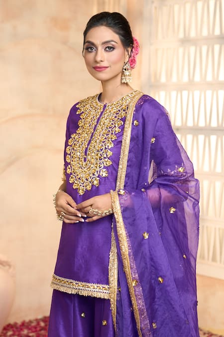 Preeti S Kapoor X AZA Blue Silk, Viscose, Organza Embroidery, Lace, Gota Patti Round Kurta Sharara Set at Aza Fashions Preeti S Kapoor X AZA_Blue Silk, Viscose, Organza Embroidery, Lace, Gota Patti Round Kurta Sharara Set _at_Aza_Fashions