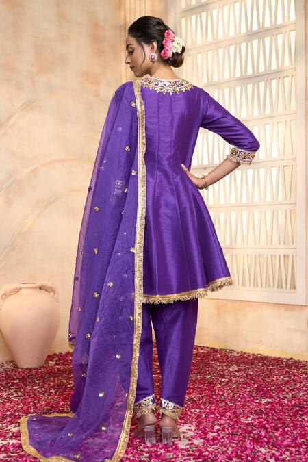 Shop Preeti S Kapoor Blue Viscose, Organza, Cotton Lace, Embroidery Round Floral Gota Anarkali Set at Aza Fashions Shop_Preeti S Kapoor_Blue Viscose, Organza, Cotton Lace, Embroidery Round Floral Gota Anarkali Set_at_Aza_Fashions