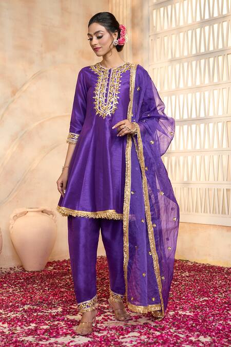 Shop Preeti S Kapoor Blue Viscose, Organza, Cotton Lace, Embroidery Round Floral Gota Anarkali Set Online at Aza Fashions Shop_Preeti S Kapoor_Blue Viscose, Organza, Cotton Lace, Embroidery Round Floral Gota Anarkali Set_Online_at_Aza_Fashions