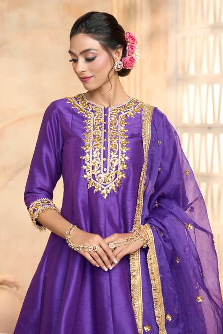 Buy Preeti S Kapoor Blue Viscose, Organza, Cotton Lace, Embroidery Round Floral Gota Anarkali Set Buy_Preeti S Kapoor_Blue Viscose, Organza, Cotton Lace, Embroidery Round Floral Gota Anarkali Set