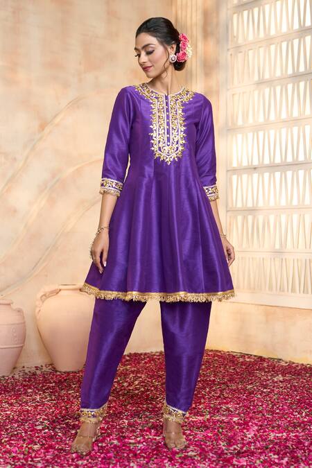 Shop Preeti S Kapoor Blue Viscose, Organza, Cotton Lace, Embroidery Round Floral Gota Anarkali Set Shop_Preeti S Kapoor_Blue Viscose, Organza, Cotton Lace, Embroidery Round Floral Gota Anarkali Set