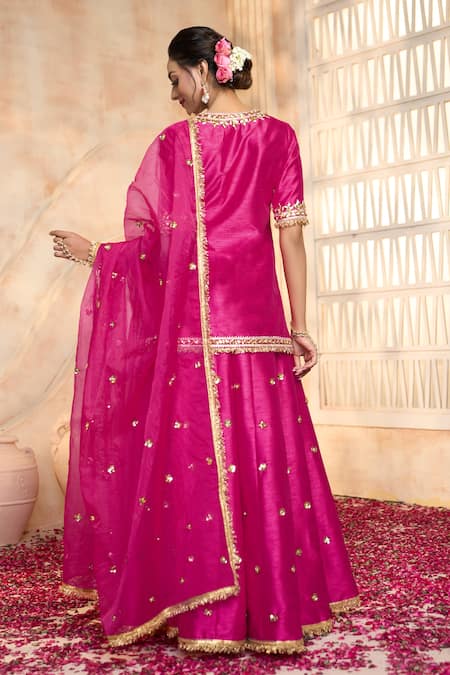 Preeti S Kapoor X AZA Fuchsia Viscose, Organza, Silk Lace, Embroidery, Gota Floral Kurta Sharara Set Online at Aza Fashions Preeti S Kapoor X AZA_Fuchsia Viscose, Organza, Silk Lace, Embroidery, Gota Floral Kurta Sharara Set _Online_at_Aza_Fashions
