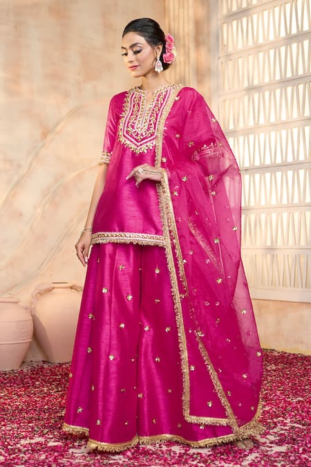 Buy Preeti S Kapoor X AZA Fuchsia Viscose, Organza, Silk Lace, Embroidery, Gota Floral Kurta Sharara Set Online at Aza Fashions Buy_Preeti S Kapoor X AZA_Fuchsia Viscose, Organza, Silk Lace, Embroidery, Gota Floral Kurta Sharara Set _Online_at_Aza_Fashions