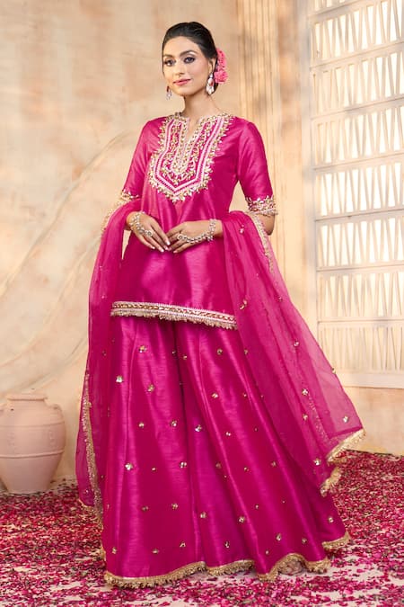 Shop Preeti S Kapoor X AZA Fuchsia Viscose, Organza, Silk Lace, Embroidery, Gota Floral Kurta Sharara Set Online at Aza Fashions Shop_Preeti S Kapoor X AZA_Fuchsia Viscose, Organza, Silk Lace, Embroidery, Gota Floral Kurta Sharara Set _Online_at_Aza_Fashions