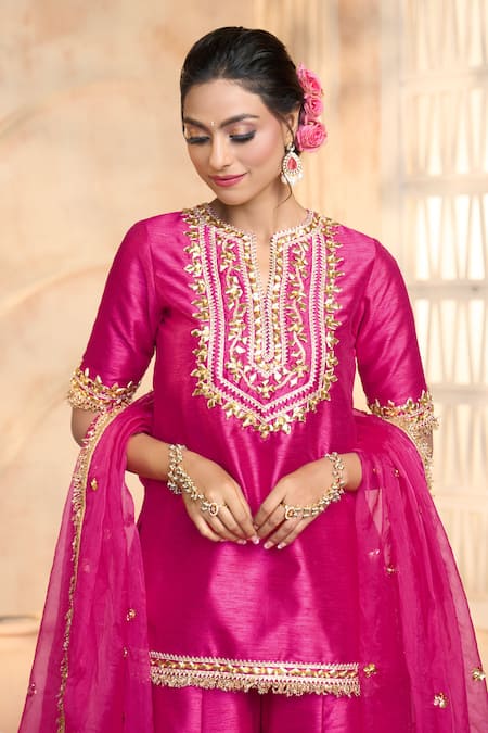 Preeti S Kapoor X AZA Fuchsia Viscose, Organza, Silk Lace, Embroidery, Gota Floral Kurta Sharara Set at Aza Fashions Preeti S Kapoor X AZA_Fuchsia Viscose, Organza, Silk Lace, Embroidery, Gota Floral Kurta Sharara Set _at_Aza_Fashions
