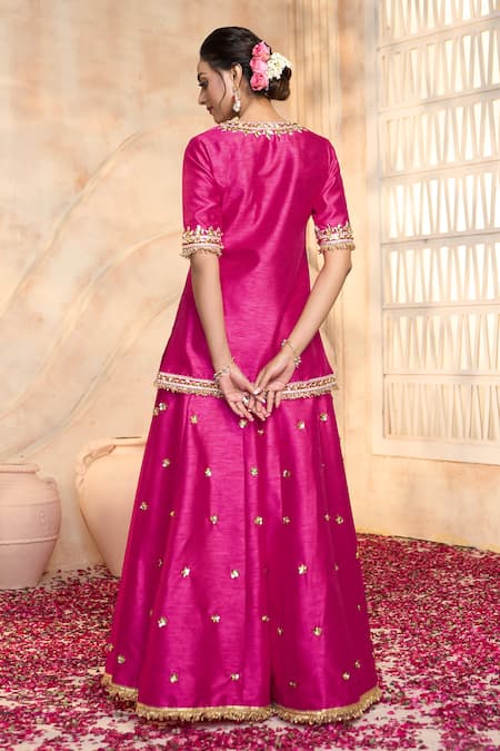 Buy Preeti S Kapoor X AZA Fuchsia Viscose, Organza, Silk Lace, Embroidery, Gota Floral Kurta Sharara Set Buy_Preeti S Kapoor X AZA_Fuchsia Viscose, Organza, Silk Lace, Embroidery, Gota Floral Kurta Sharara Set