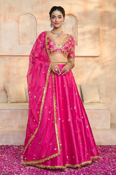 Preeti S Kapoor x AZA Fuchsia Blouse And Lehenga Dupion Embroidered Gota V Neck Floral Sequin Set 