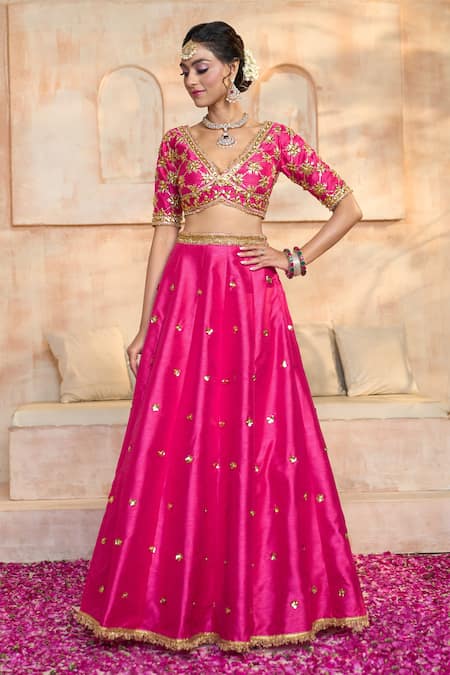 Buy_Preeti S Kapoor X AZA_Fuchsia Denim, Viscose Sequins, Lace, Embroidery V-neck Floral Lehenga Set _Online_at_Aza_Fashions