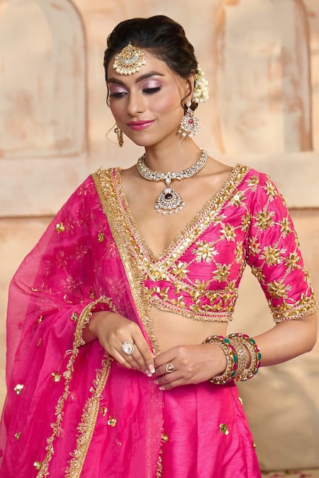 Shop_Preeti S Kapoor X AZA_Fuchsia Denim, Viscose Sequins, Lace, Embroidery V-neck Floral Lehenga Set _Online_at_Aza_Fashions