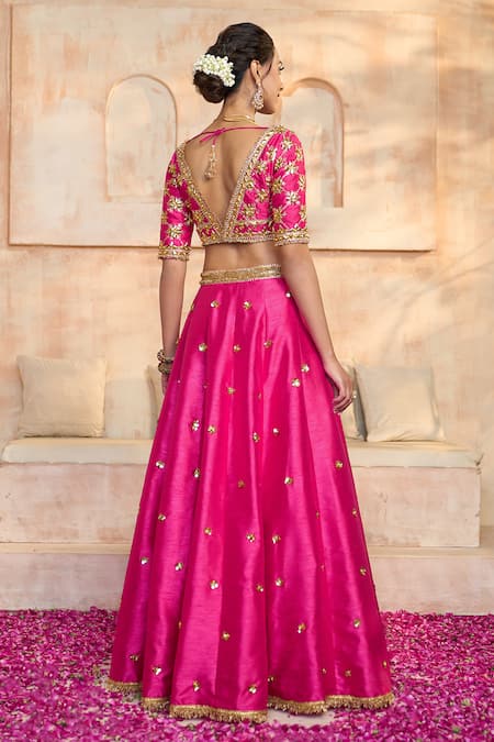 Preeti S Kapoor X AZA_Fuchsia Denim, Viscose Sequins, Lace, Embroidery V-neck Floral Lehenga Set _at_Aza_Fashions