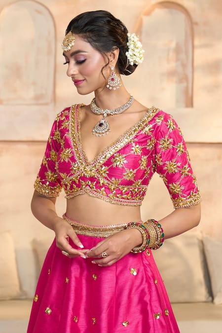Buy_Preeti S Kapoor X AZA_Fuchsia Denim, Viscose Sequins, Lace, Embroidery V-neck Floral Lehenga Set 