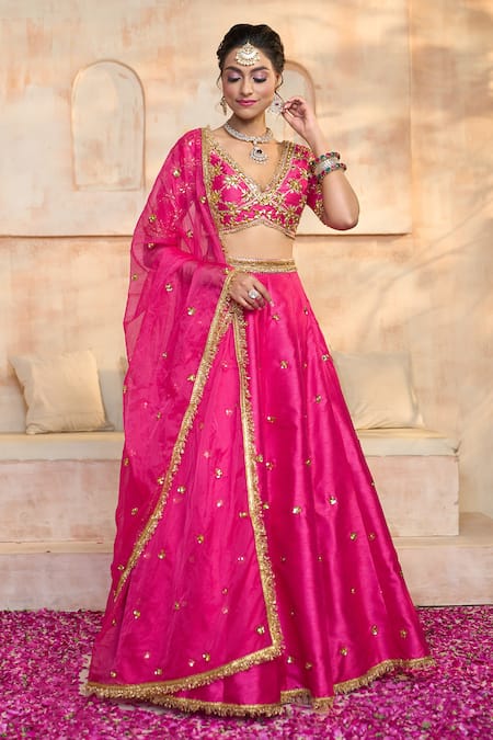 Shop_Preeti S Kapoor X AZA_Fuchsia Denim, Viscose Sequins, Lace, Embroidery V-neck Floral Lehenga Set 