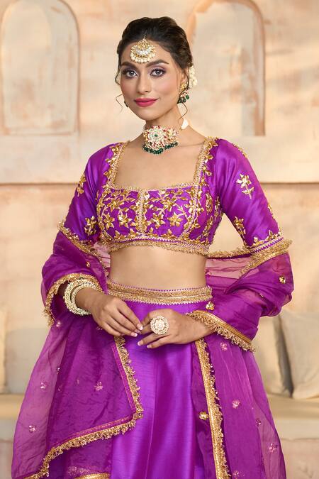 Shop Preeti S Kapoor X AZA Purple Silk, Organza, Viscose Embroidery, Gota Patti Square Blouse Lehenga Set Online at Aza Fashions Shop_Preeti S Kapoor X AZA_Purple Silk, Organza, Viscose Embroidery, Gota Patti Square Blouse Lehenga Set _Online_at_Aza_Fashions