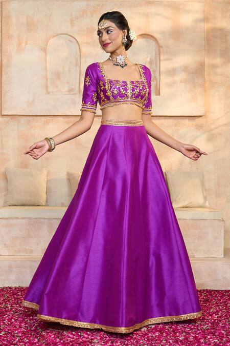 Buy Preeti S Kapoor X AZA Purple Silk, Organza, Viscose Embroidery, Gota Patti Square Blouse Lehenga Set Buy_Preeti S Kapoor X AZA_Purple Silk, Organza, Viscose Embroidery, Gota Patti Square Blouse Lehenga Set