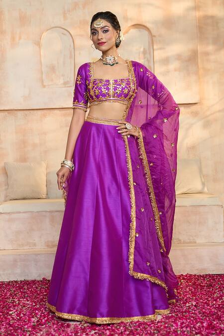 Shop Preeti S Kapoor X AZA Purple Silk, Organza, Viscose Embroidery, Gota Patti Square Blouse Lehenga Set Shop_Preeti S Kapoor X AZA_Purple Silk, Organza, Viscose Embroidery, Gota Patti Square Blouse Lehenga Set