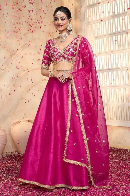 Preeti S Kapoor x AZA Fuchsia Blouse And Lehenga Dupion Embroidered Gota V Floral Set 