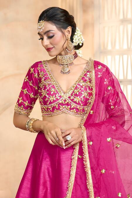 Buy_Preeti S Kapoor X AZA_Fuchsia Silk, Viscose Embroidery, Gota Patti V-neck Floral Blouse Lehenga Set _Online_at_Aza_Fashions
