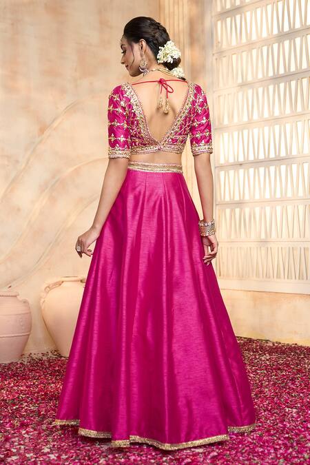 Shop_Preeti S Kapoor X AZA_Fuchsia Silk, Viscose Embroidery, Gota Patti V-neck Floral Blouse Lehenga Set _Online_at_Aza_Fashions