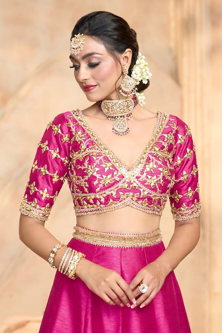 Preeti S Kapoor X AZA_Fuchsia Silk, Viscose Embroidery, Gota Patti V-neck Floral Blouse Lehenga Set _at_Aza_Fashions