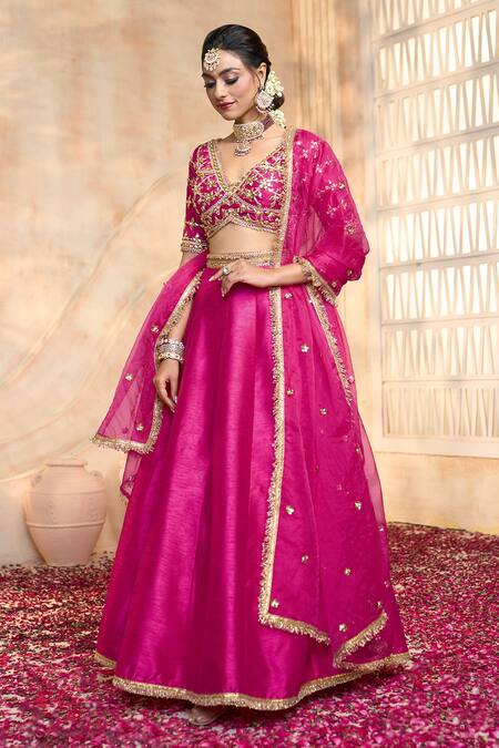 Buy_Preeti S Kapoor X AZA_Fuchsia Silk, Viscose Embroidery, Gota Patti V-neck Floral Blouse Lehenga Set 