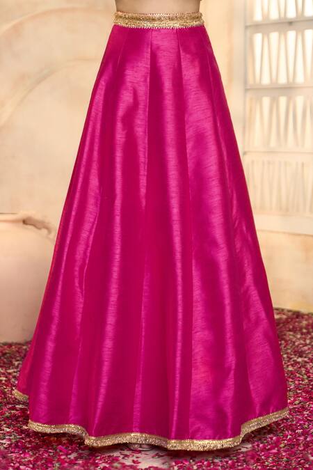 Shop_Preeti S Kapoor X AZA_Fuchsia Silk, Viscose Embroidery, Gota Patti V-neck Floral Blouse Lehenga Set 