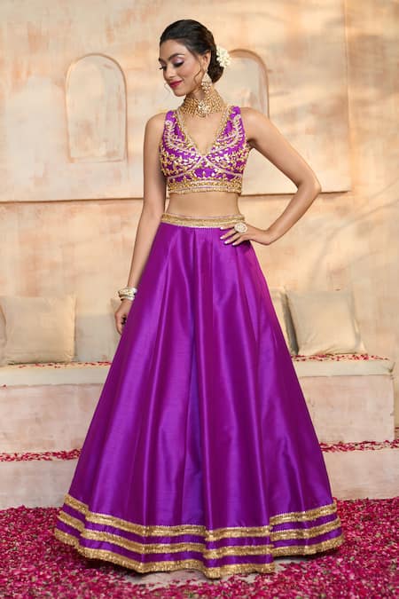 Buy Preeti S Kapoor X AZA Purple Silk, Viscose Embroidery, Gota Patti V-neck Work Blouse Lehenga Set Online at Aza Fashions Buy_Preeti S Kapoor X AZA_Purple Silk, Viscose Embroidery, Gota Patti V-neck Work Blouse Lehenga Set _Online_at_Aza_Fashions