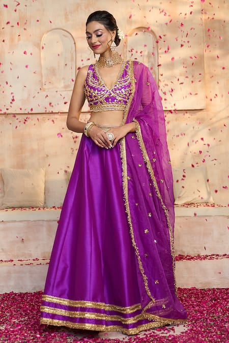 Shop Preeti S Kapoor X AZA Purple Silk, Viscose Embroidery, Gota Patti V-neck Work Blouse Lehenga Set Online at Aza Fashions Shop_Preeti S Kapoor X AZA_Purple Silk, Viscose Embroidery, Gota Patti V-neck Work Blouse Lehenga Set _Online_at_Aza_Fashions