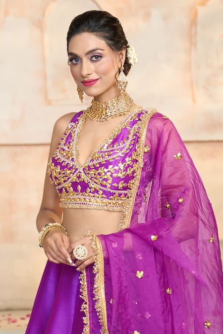 Preeti S Kapoor X AZA Purple Silk, Viscose Embroidery, Gota Patti V-neck Work Blouse Lehenga Set at Aza Fashions Preeti S Kapoor X AZA_Purple Silk, Viscose Embroidery, Gota Patti V-neck Work Blouse Lehenga Set _at_Aza_Fashions