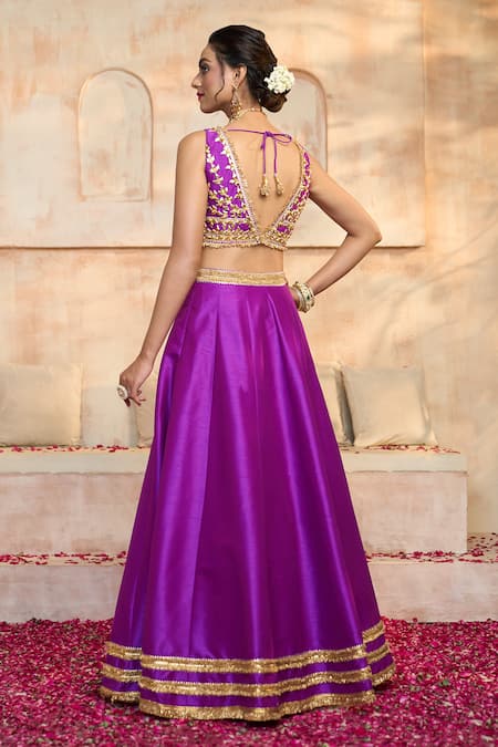 Buy Preeti S Kapoor X AZA Purple Silk, Viscose Embroidery, Gota Patti V-neck Work Blouse Lehenga Set Buy_Preeti S Kapoor X AZA_Purple Silk, Viscose Embroidery, Gota Patti V-neck Work Blouse Lehenga Set