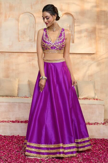 Shop Preeti S Kapoor X AZA Purple Silk, Viscose Embroidery, Gota Patti V-neck Work Blouse Lehenga Set Shop_Preeti S Kapoor X AZA_Purple Silk, Viscose Embroidery, Gota Patti V-neck Work Blouse Lehenga Set