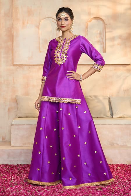 Buy Preeti S Kapoor X AZA Purple Silk, Viscose Embroidery, Gota Patti, Lace Round Neck Kurta Sharara Set Online at Aza Fashions Buy_Preeti S Kapoor X AZA_Purple Silk, Viscose Embroidery, Gota Patti, Lace Round Neck Kurta Sharara Set _Online_at_Aza_Fashions