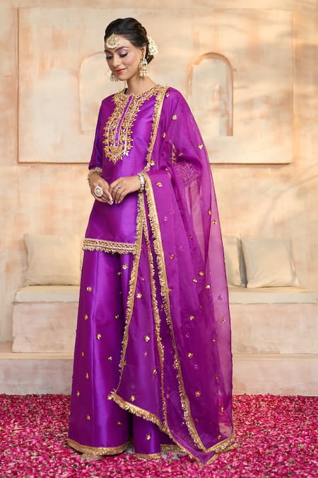 Buy Preeti S Kapoor X AZA Purple Silk, Viscose Embroidery, Gota Patti, Lace Round Neck Kurta Sharara Set Buy_Preeti S Kapoor X AZA_Purple Silk, Viscose Embroidery, Gota Patti, Lace Round Neck Kurta Sharara Set