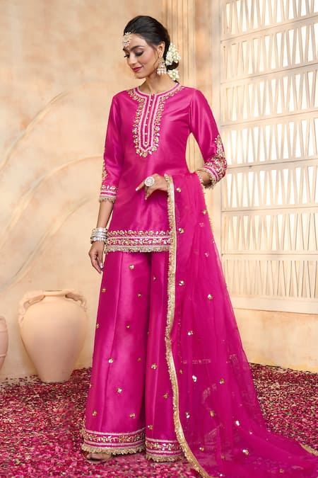 Buy Preeti S Kapoor X AZA Fuchsia Viscose, Organza, Silk Embroidery, Gota Patti, Lace Floral Sharara Set Online at Aza Fashions Buy_Preeti S Kapoor X AZA_Fuchsia Viscose, Organza, Silk Embroidery, Gota Patti, Lace Floral Sharara Set _Online_at_Aza_Fashions