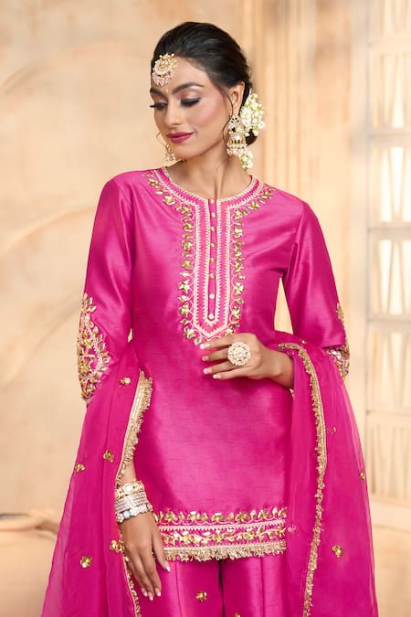 Shop Preeti S Kapoor X AZA Fuchsia Viscose, Organza, Silk Embroidery, Gota Patti, Lace Floral Sharara Set Online at Aza Fashions Shop_Preeti S Kapoor X AZA_Fuchsia Viscose, Organza, Silk Embroidery, Gota Patti, Lace Floral Sharara Set _Online_at_Aza_Fashions