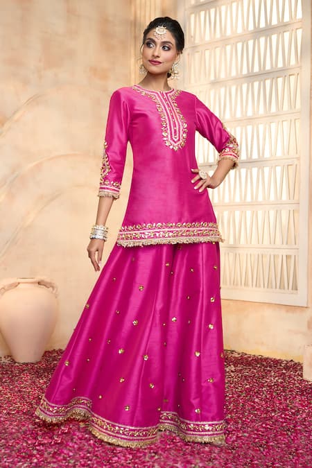 Preeti S Kapoor X AZA Fuchsia Viscose, Organza, Silk Embroidery, Gota Patti, Lace Floral Sharara Set at Aza Fashions Preeti S Kapoor X AZA_Fuchsia Viscose, Organza, Silk Embroidery, Gota Patti, Lace Floral Sharara Set _at_Aza_Fashions