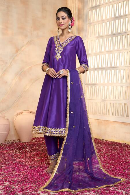 Shop Preeti S Kapoor X AZA Blue Viscose, Cotton, Organza Embroidery, Lace, Gota Patti V-neck Anarkali Set Online at Aza Fashions Shop_Preeti S Kapoor X AZA_Blue Viscose, Cotton, Organza Embroidery, Lace, Gota Patti V-neck Anarkali Set _Online_at_Aza_Fashions