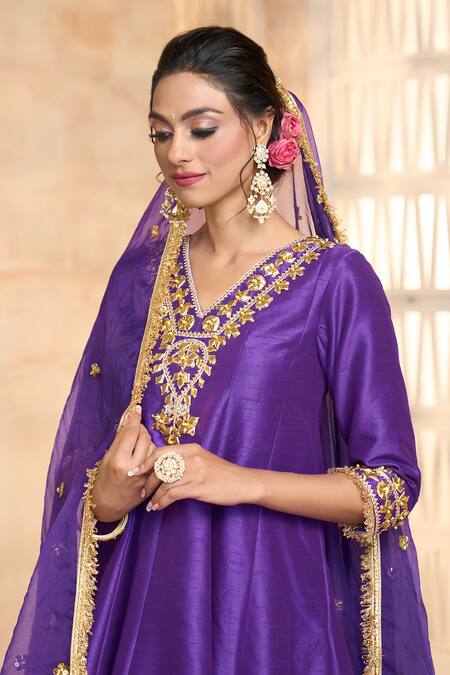 Buy Preeti S Kapoor X AZA Blue Viscose, Cotton, Organza Embroidery, Lace, Gota Patti V-neck Anarkali Set Buy_Preeti S Kapoor X AZA_Blue Viscose, Cotton, Organza Embroidery, Lace, Gota Patti V-neck Anarkali Set