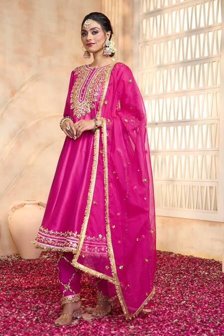 Buy_Preeti S Kapoor X AZA_Fuchsia Viscose, Silk Gota Patti, Lace, Embroidery Round Neck Yoke Anarkali Set _Online_at_Aza_Fashions