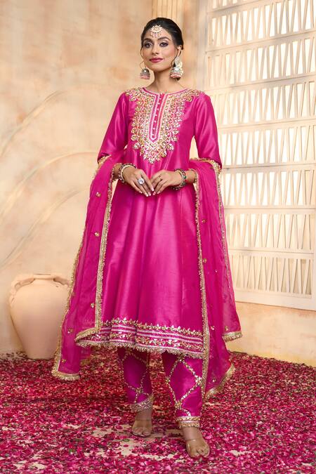 Shop_Preeti S Kapoor X AZA_Fuchsia Viscose, Silk Gota Patti, Lace, Embroidery Round Neck Yoke Anarkali Set _Online_at_Aza_Fashions