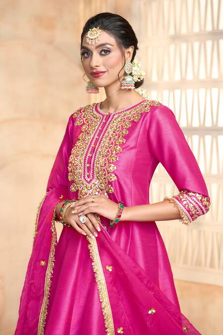 Preeti S Kapoor X AZA_Fuchsia Viscose, Silk Gota Patti, Lace, Embroidery Round Neck Yoke Anarkali Set _at_Aza_Fashions