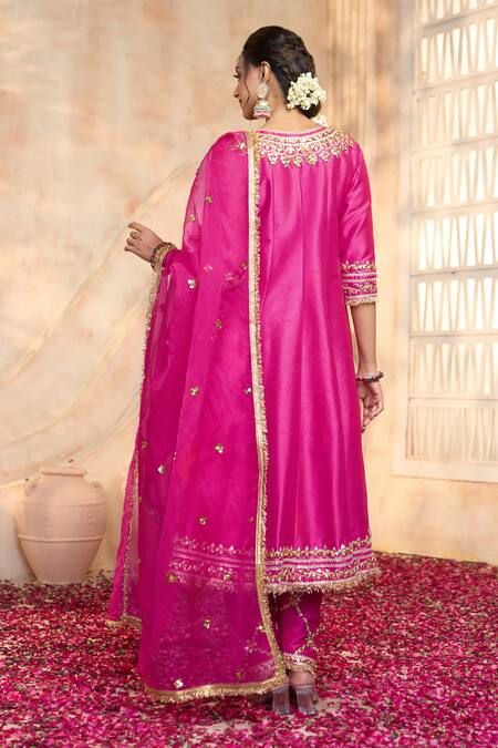 Buy_Preeti S Kapoor X AZA_Fuchsia Viscose, Silk Gota Patti, Lace, Embroidery Round Neck Yoke Anarkali Set 
