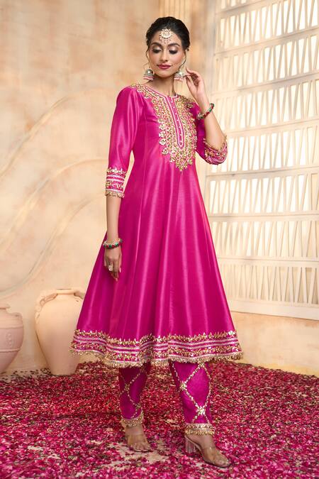 Shop_Preeti S Kapoor X AZA_Fuchsia Viscose, Silk Gota Patti, Lace, Embroidery Round Neck Yoke Anarkali Set 