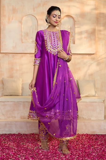 Preeti S Kapoor x AZA Purple Anarkali And Salwar Dupion Embroidered Gota Floral Yoke Set 