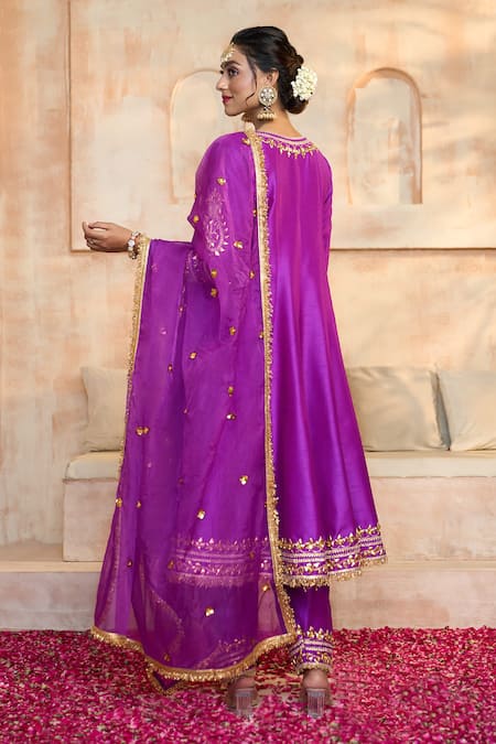 Buy_Preeti S Kapoor X AZA_Purple Denim, Viscose, Silk Embroidery, Gota Patti Floral Yoke Anarkali Set _Online_at_Aza_Fashions