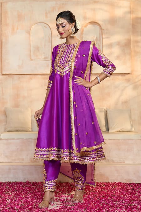 Shop_Preeti S Kapoor X AZA_Purple Denim, Viscose, Silk Embroidery, Gota Patti Floral Yoke Anarkali Set _Online_at_Aza_Fashions