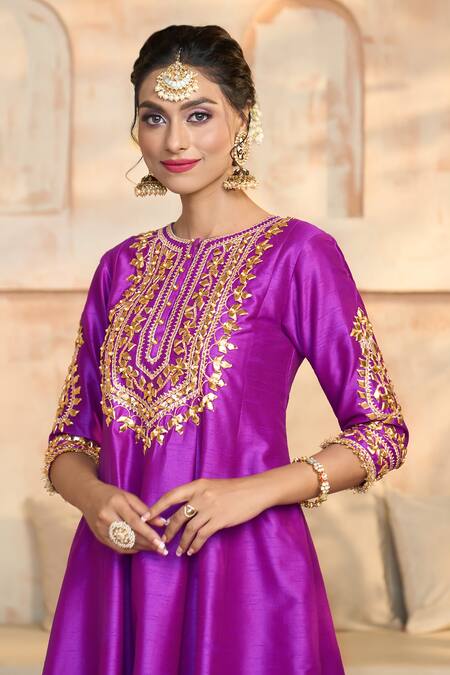 Preeti S Kapoor X AZA_Purple Denim, Viscose, Silk Embroidery, Gota Patti Floral Yoke Anarkali Set _at_Aza_Fashions