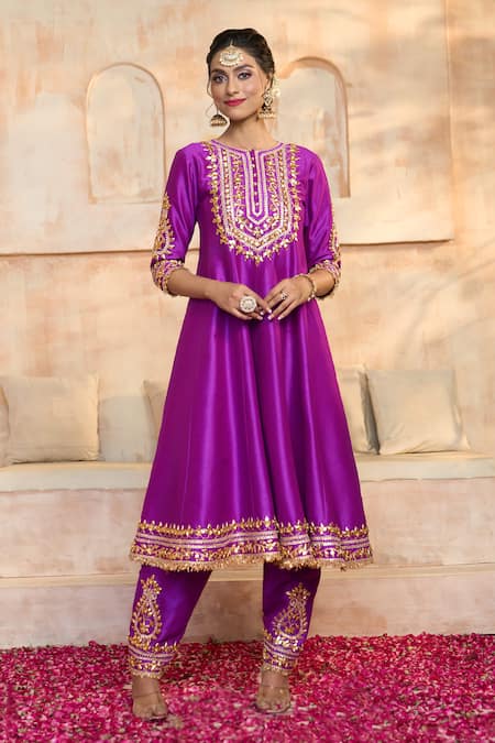 Buy_Preeti S Kapoor X AZA_Purple Denim, Viscose, Silk Embroidery, Gota Patti Floral Yoke Anarkali Set 